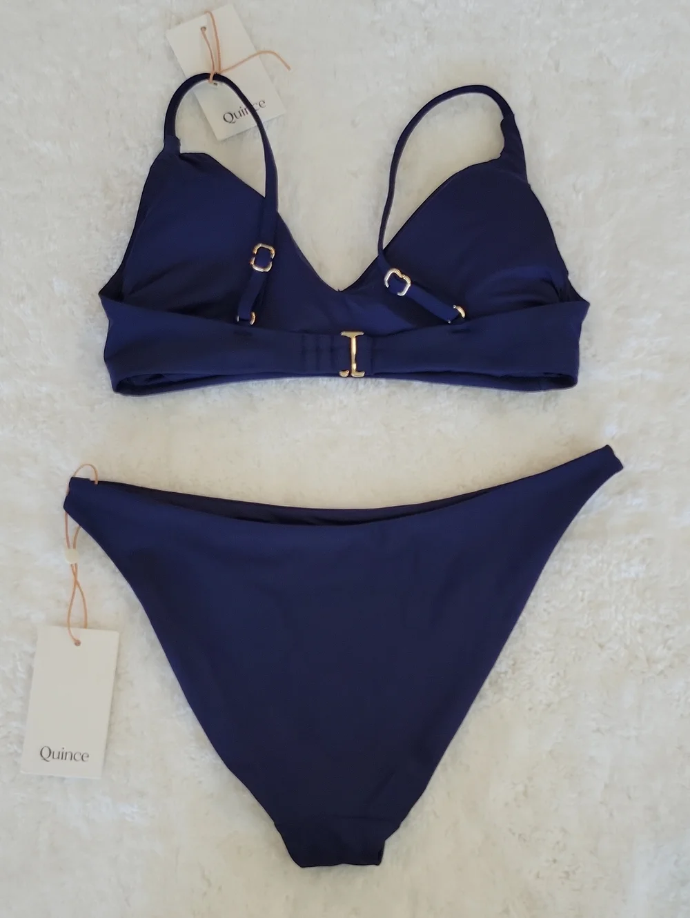 QUINCE Italian Bikini Set V-Neck Top/High Leg Hipster Bottom Navy Blue XS NWT